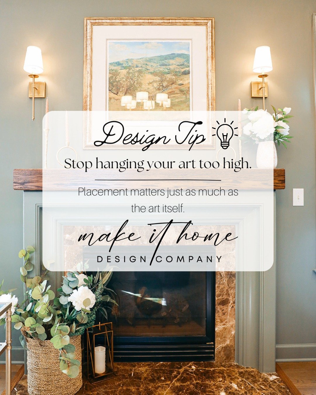 Design Tip💡

Artwork placement can have a bigger impact on a room than people realize.

Art should feel connected to the furniture below it, not like it's floating on its own. A simple rule of thumb is to leave about 6-8 inches between the bottom of