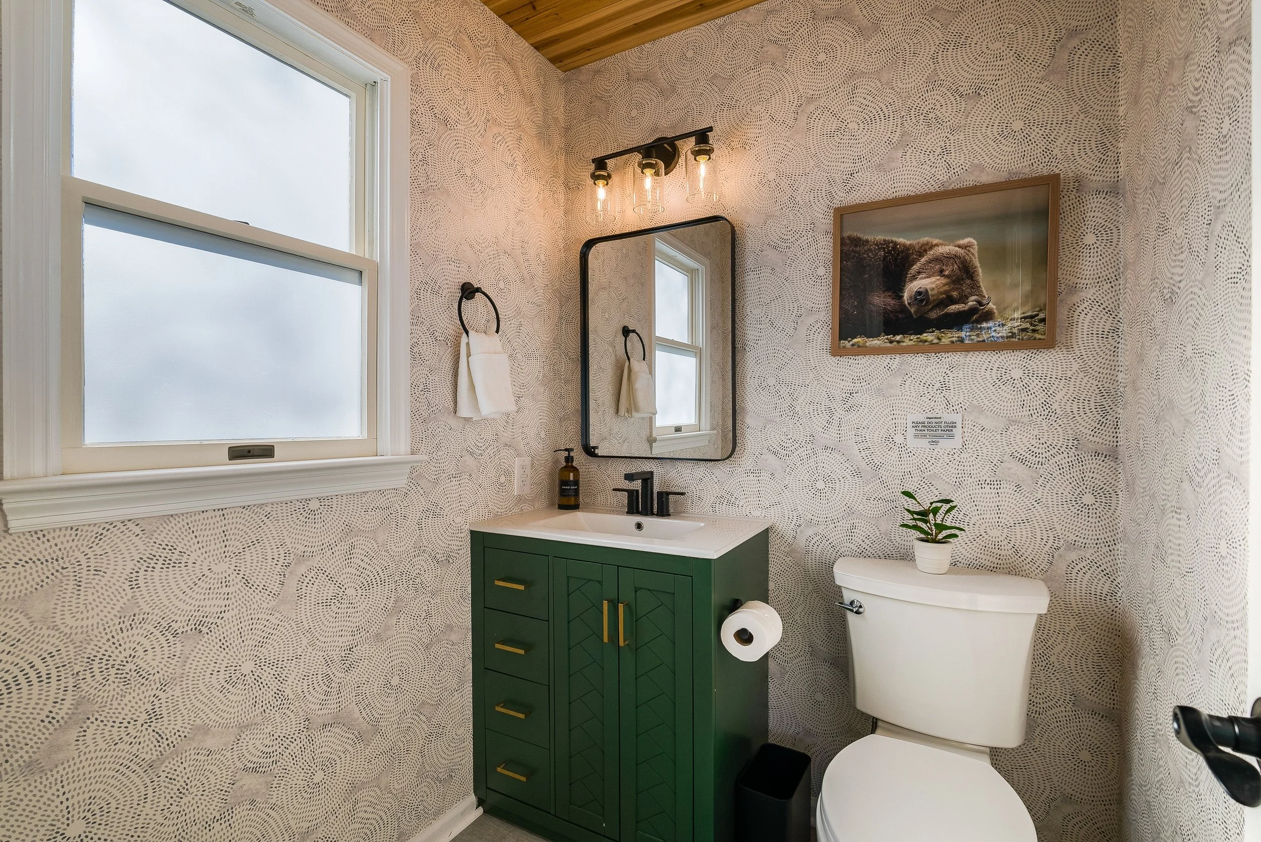 Small bathroom with a green vanity, white toilet, black faucet, and a mirror above the sink. There is a window with frosted glass, a framed photo of a sleeping bear, and a small green plant on the toilet tank. The walls have textured wallpaper.
