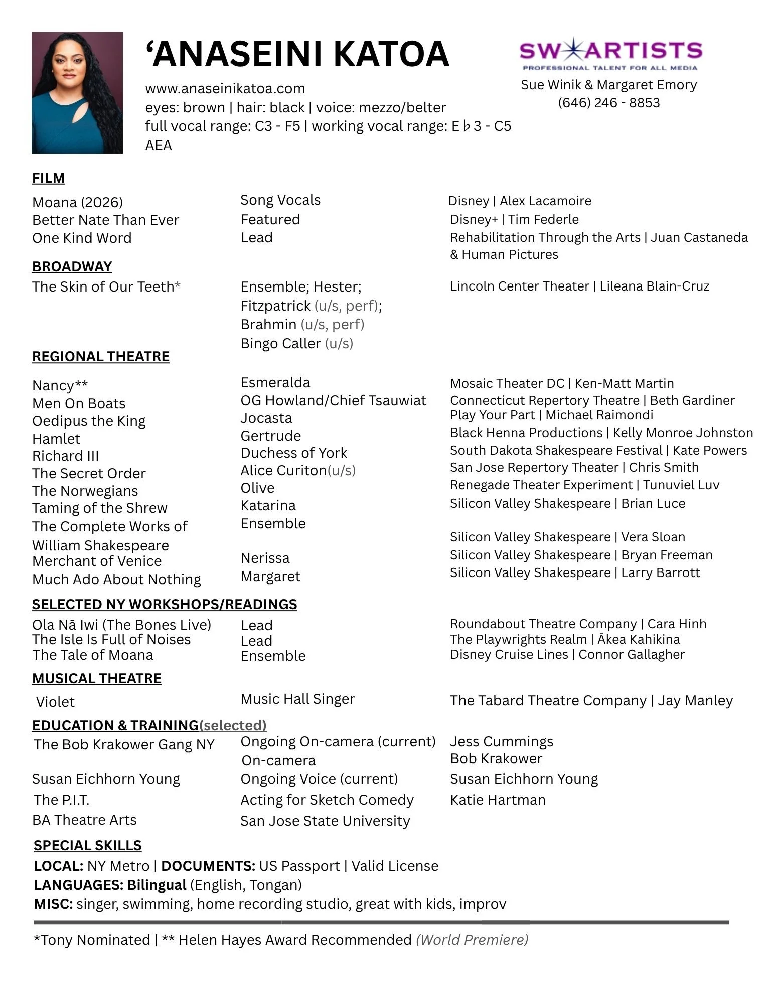 A resume or program listing featuring the name Anaseini Katoa, with a photo of a woman with long black hair and a blue top. The document includes personal details, a list of theater and film productions, workshops, skills, and contact information.