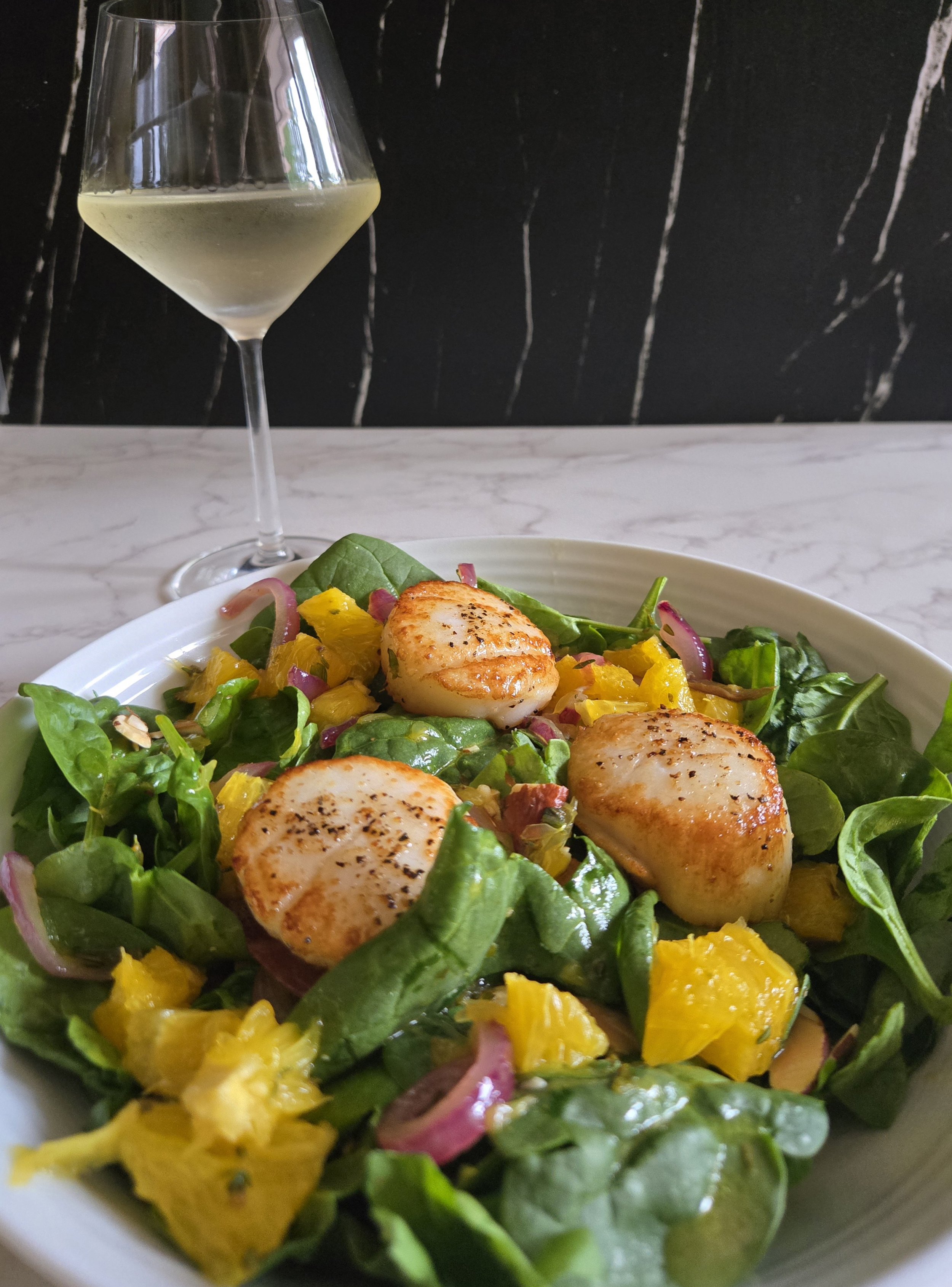 Scallops with Wilted Spinach, Watercress & Orange Salad