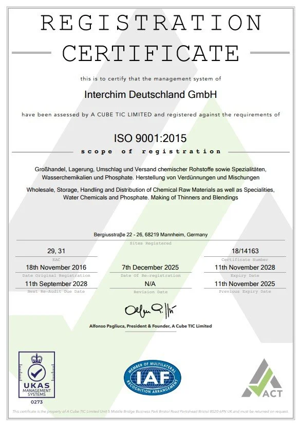 ISO 9001:2015 Qualitätsmanagement-Zertifikat der Interchim Deutschland GmbH