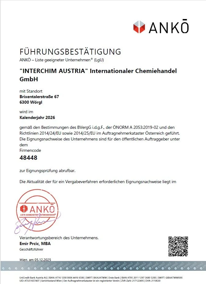 ANKÖ Führungszertifikat Interchim Austria zertifizierter Chemikalienlieferant Österreich öffentliche Auftragnehmerliste