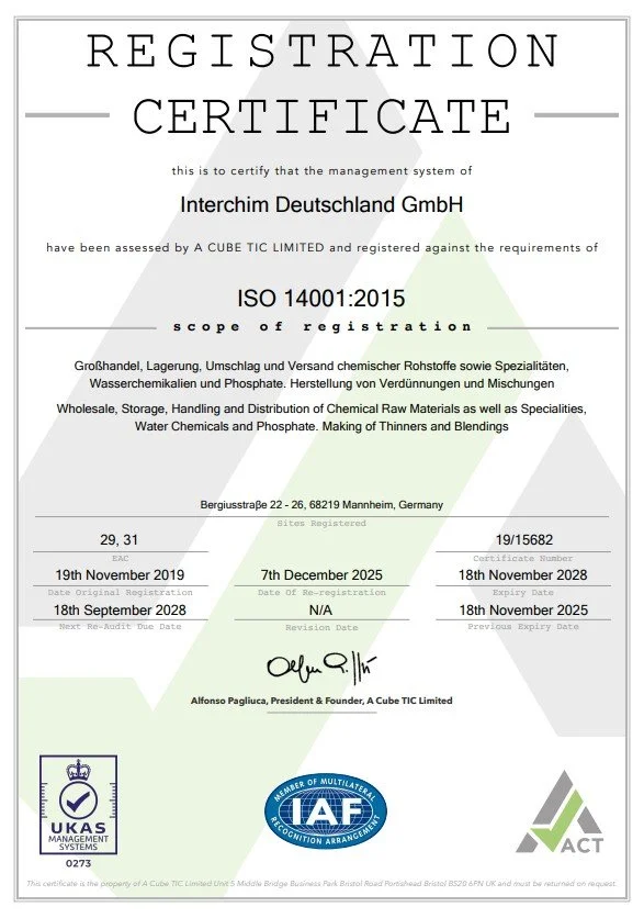 ISO 14001:2015 Umweltmanagement-Zertifikat der Interchim Deutschland GmbH