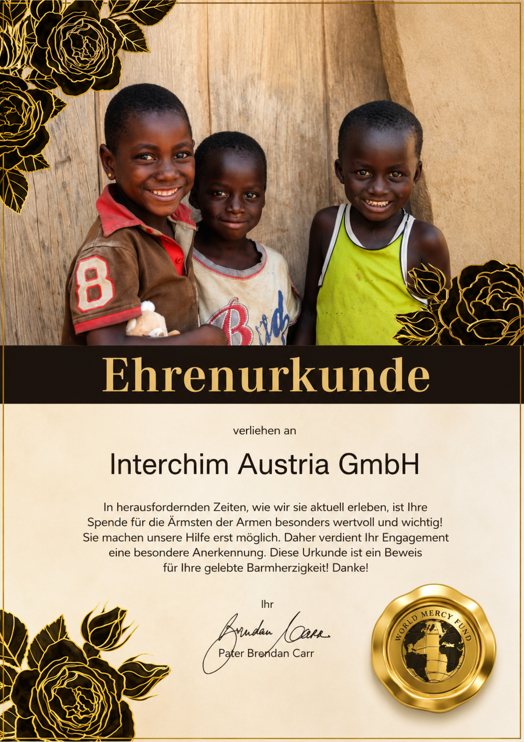 Ehrenurkunde des World Mercy Fund für Interchim Austria GmbH als Anerkennung des sozialen Engagements und der Unterstützung humanitärer Hilfsprojekte.