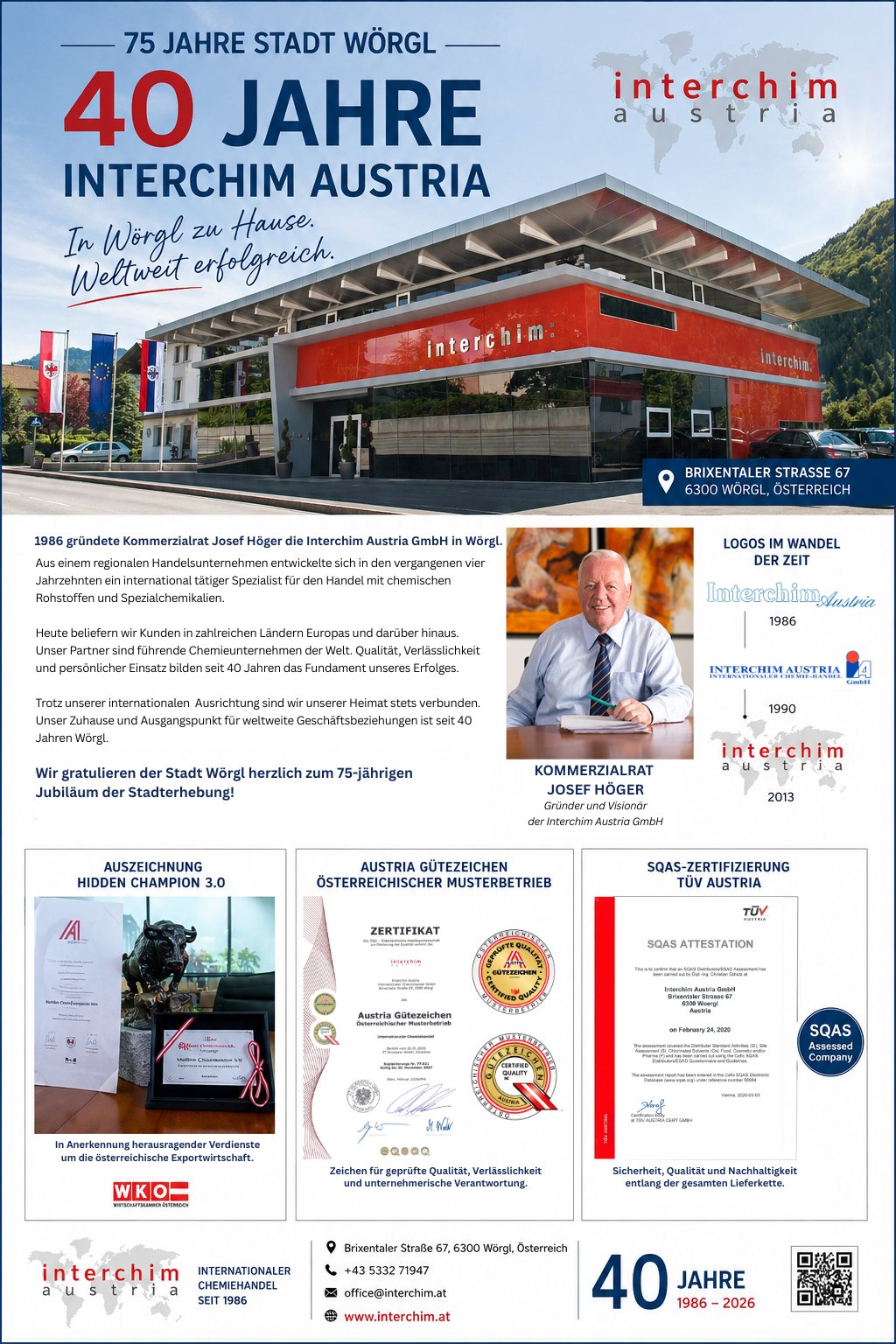Festschriftbeitrag zum 40-jährigen Jubiläum der Interchim Austria GmbH anlässlich 75 Jahre Stadt Wörgl mit Firmengebäude, Unternehmensgeschichte, Auszeichnungen und Gründer Kommerzialrat Josef Höger.