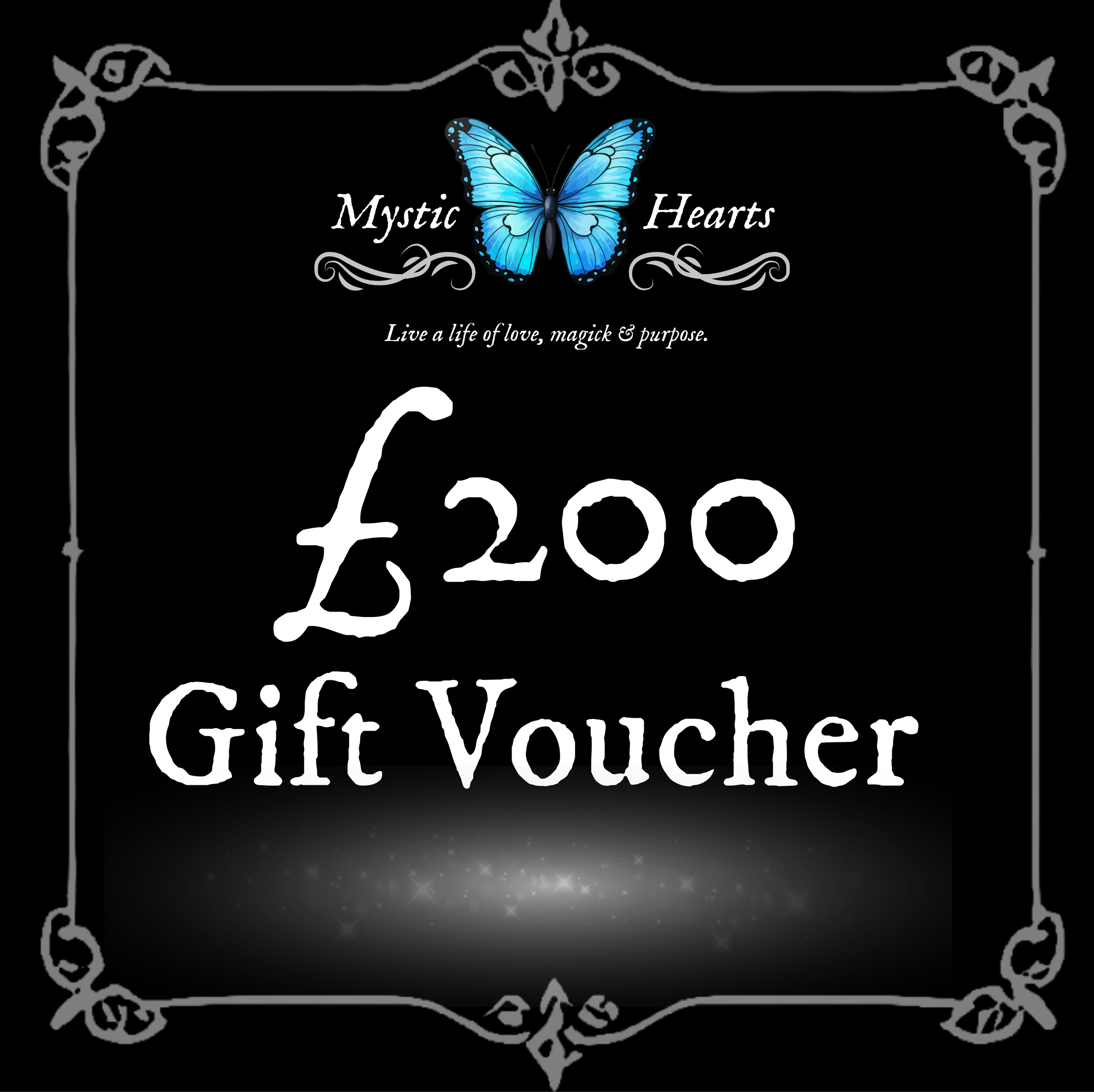 Black gift voucher with white text for £200, featuring a blue butterfly at the top with decorative borders.