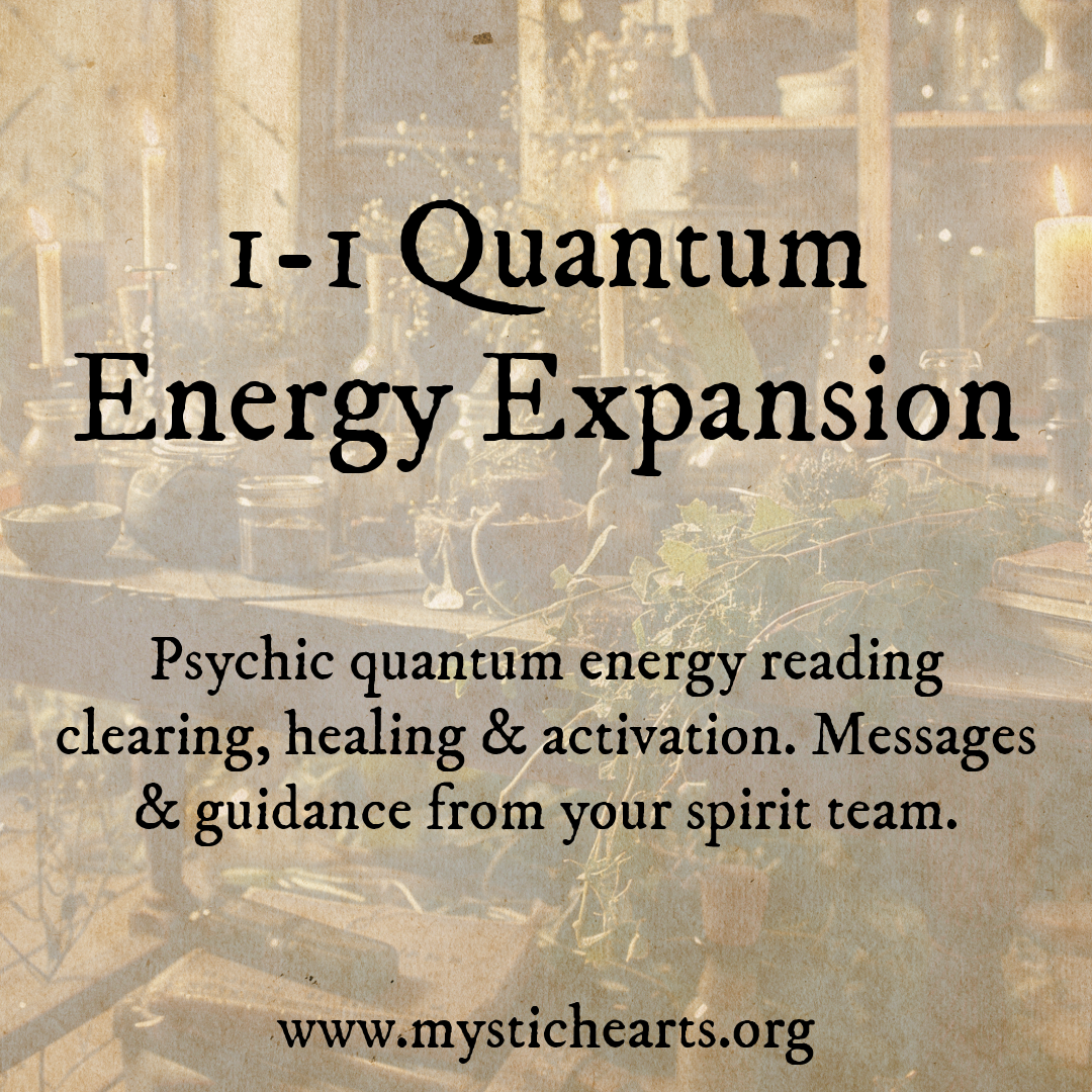 Advertising card for I-I Quantum Energy Expansion, a psychic quantum energy reading service, with text about healing, activation, and guidance from spirit team, and a website link mystichearts.org.