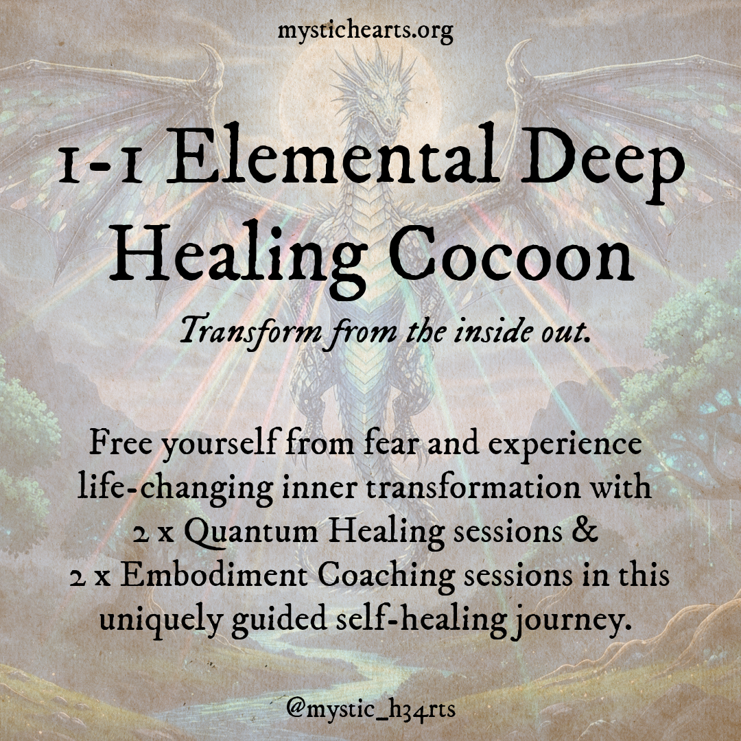 An advertisement for I-I elemental deep healing cocoon sessions, featuring a background with a dragon and colorful, mystical artwork. It offers quantum healing and embodiment coaching sessions for inner transformation.