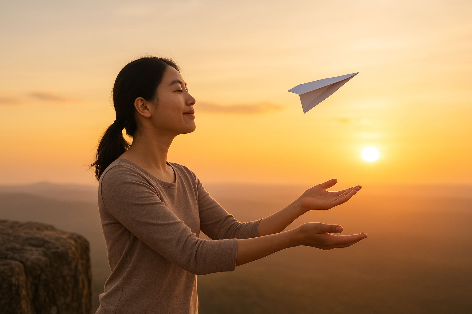 A woman releasing a paper plane