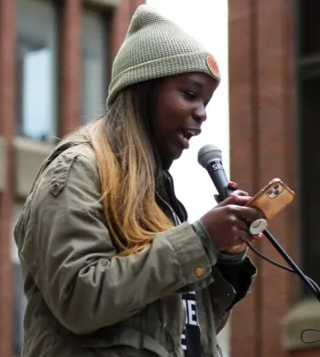 Councilor Victoria Pelletier speaks at an abortion protest in 2022. Photo Credit Ben McCanna, PPH