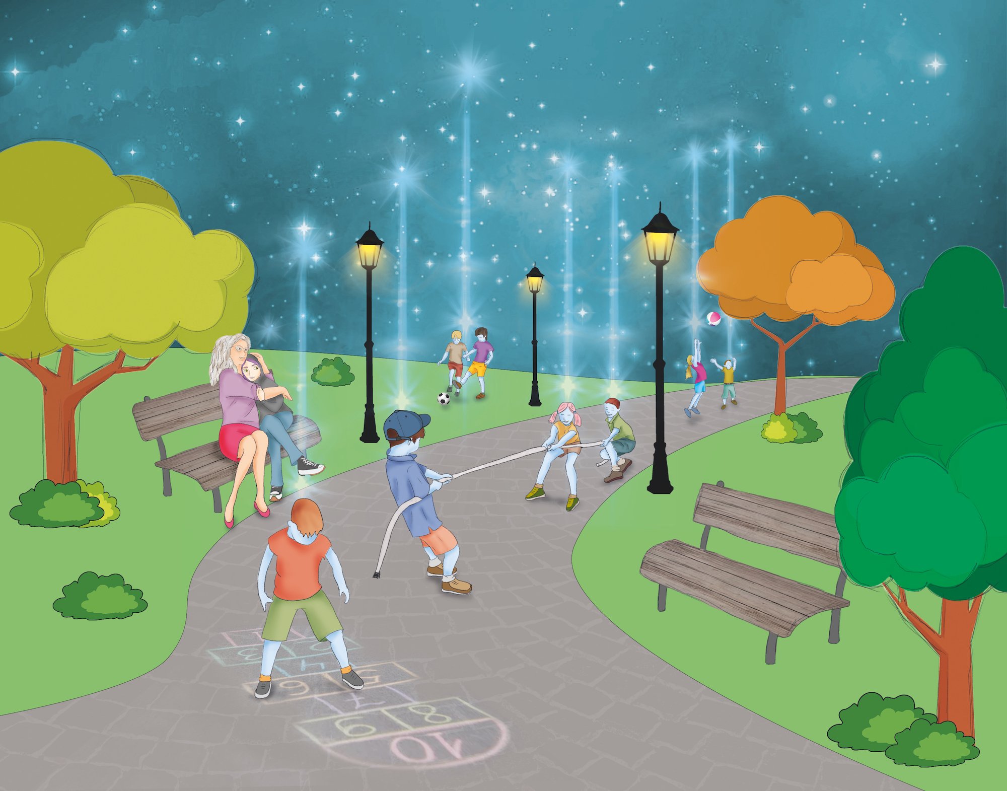 Escena nocturna en un parque donde niños juegan a saltar la cuerda, adultos conversan en bancas, y adolescentes juegan fútbol y a la cuerda. Hay árboles con follaje en tonos verdes y marrones, farolas encendidas y un cielo estrellado con estrellas y cometas.