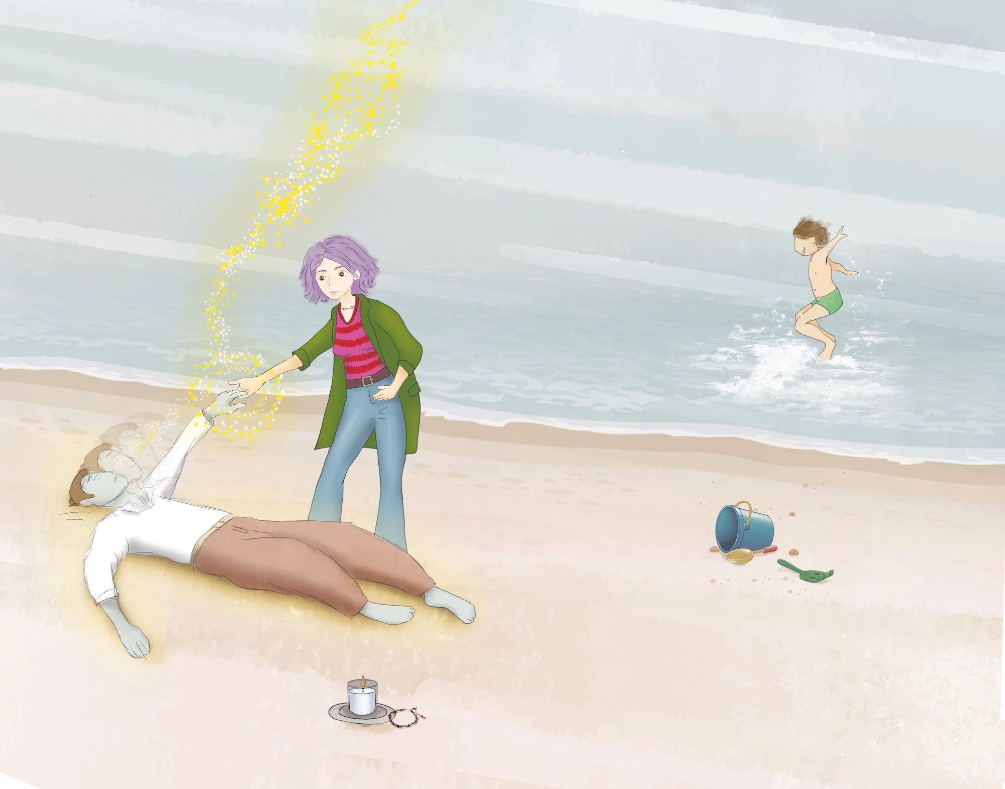 Una escena en la playa donde una mujer con cabello morado, vestida con una bufanda rayada roja y rosa, jeans y una chaqueta verde, realiza maniobras de primeros auxilios a un hombre que está tendido en la arena, con un candado y una vela frente a él. En el fondo, un niño con pantalones cortos y sin camiseta brinca en el agua, mientras que una pila de juguetes y una cubeta y pala están en la arena
