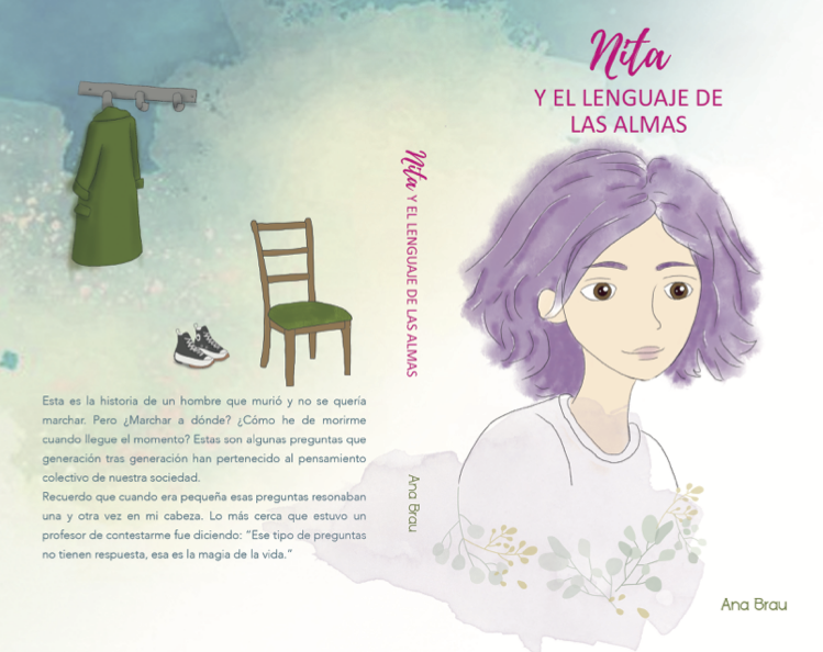 Ilustración de una niña con cabello lavanda, fondo con elementos como un perchero con abrigo, una silla y zapatos deportivos, y texto en español sobre una historia y preguntas filosóficas.