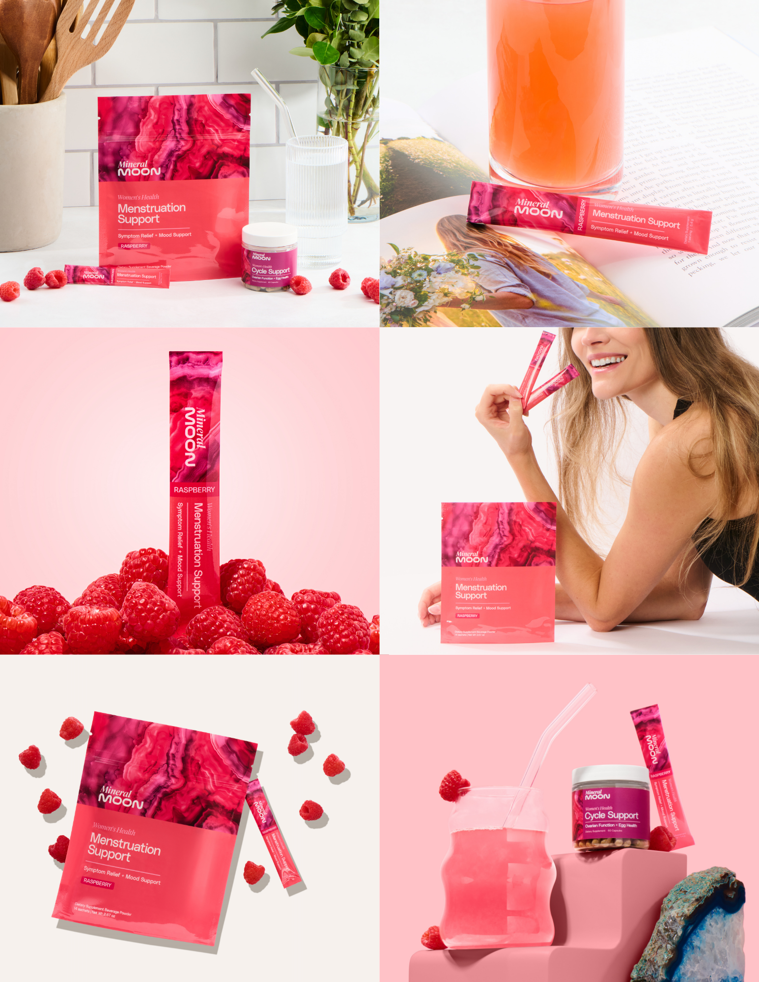 A collage of images promoting Raspberry flavored menstrual support supplements by Mineral Moon. Includes product packaging, raspberries, a woman holding the product, a glass of raspberry drink with a straw, and decorative stones and plants, all set on a pink and white background.