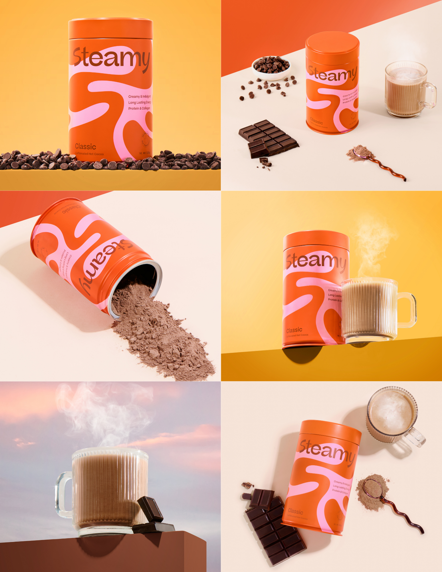 A collage of four images featuring a canister of Steamy Classic hot cocoa, with chocolate pieces, cocoa powder, a mug of hot cocoa, and a open canister, set against colorful backgrounds.