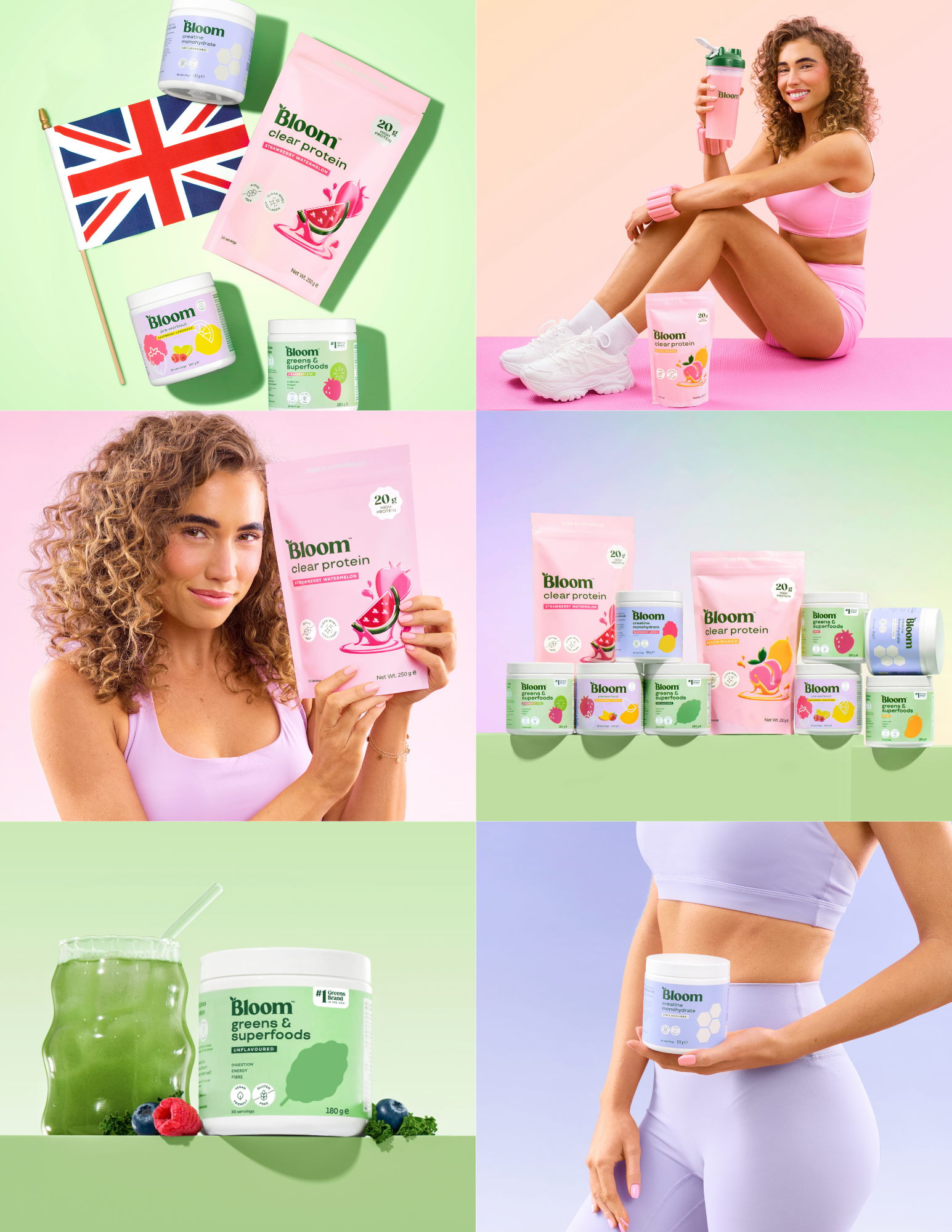 A collage of four images promoting Bloom health supplements and protein powders. The top-left image displays various Bloom products including creatine, protein, greens, and superfoods, along with a British flag. The top-right and bottom-left images feature a young woman in pink activewear holding a Bloom protein bag and smiling. The bottom-right image shows the woman holding a Bloom tub of creatine, with colorful backgrounds behind her.
