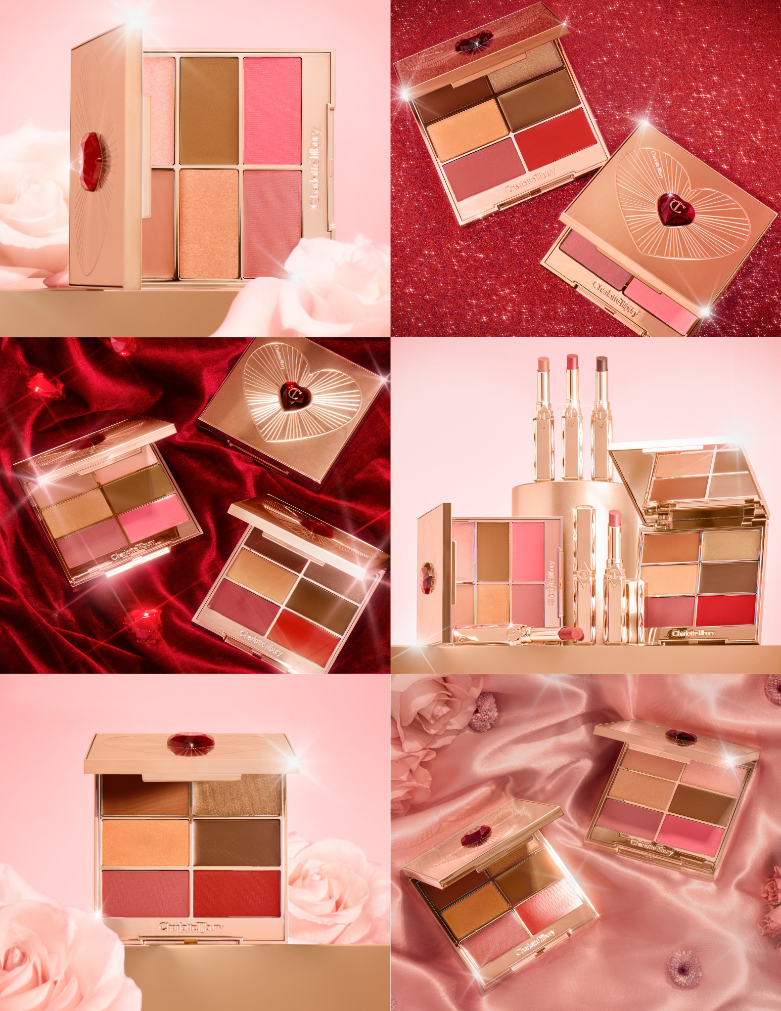 Four images of Charlotte Tilbury makeup palettes featuring blushes, eyeshadows, and highlighters, with pink and red backgrounds, silk fabrics, and roses, accented with sparkles and gems.