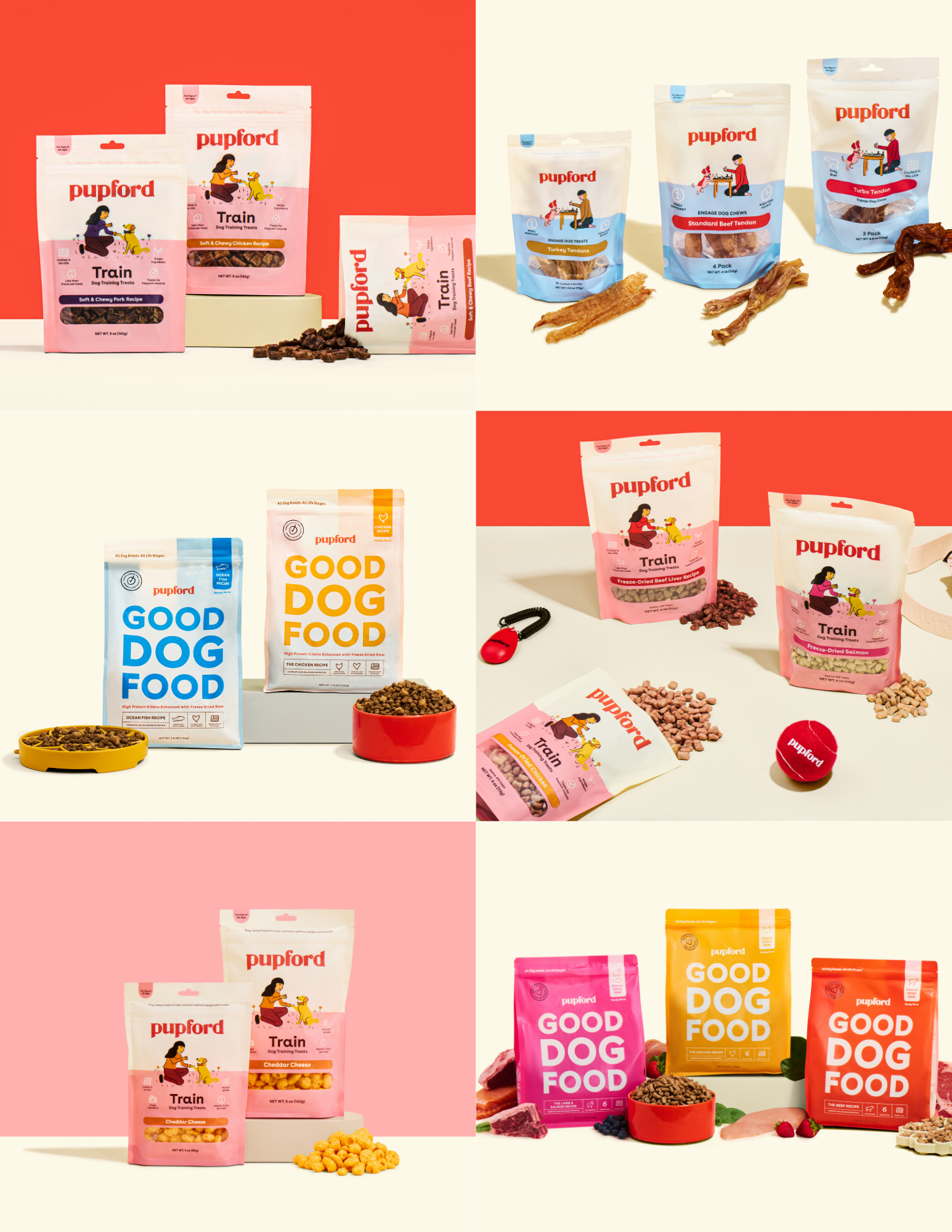 Collage of dog treats and food products from the brand Pupford, featuring various flavors and packaging designs in pink, blue, yellow, and orange, with some product ingredients displayed around them.