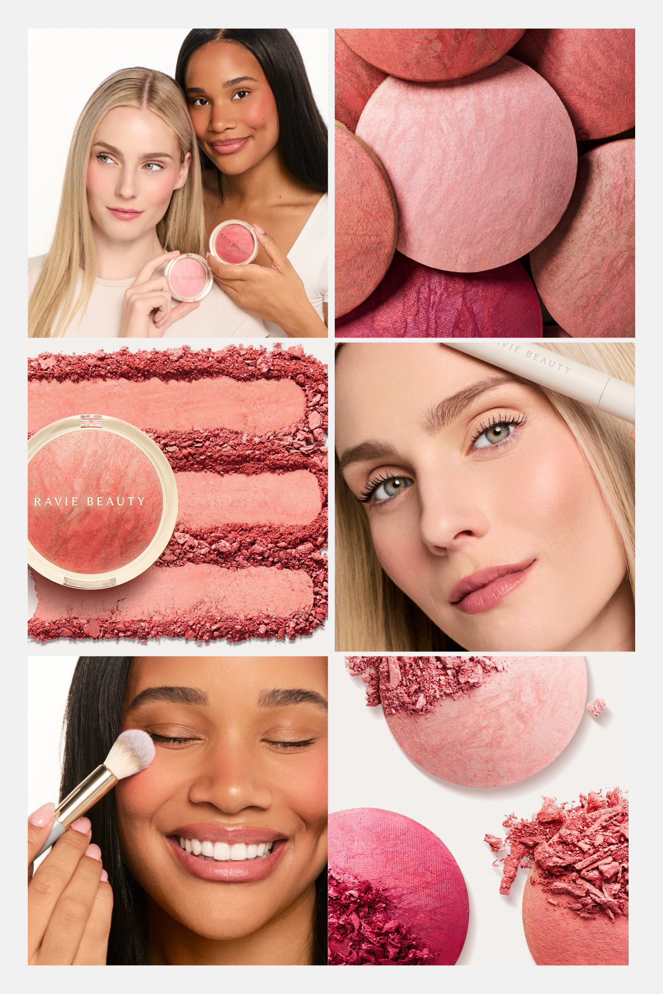 A collage of makeup products and beauty scenes, including women applying makeup, close-up of pink blushes, powders, and eyeshadows, and models showcasing makeup looks.