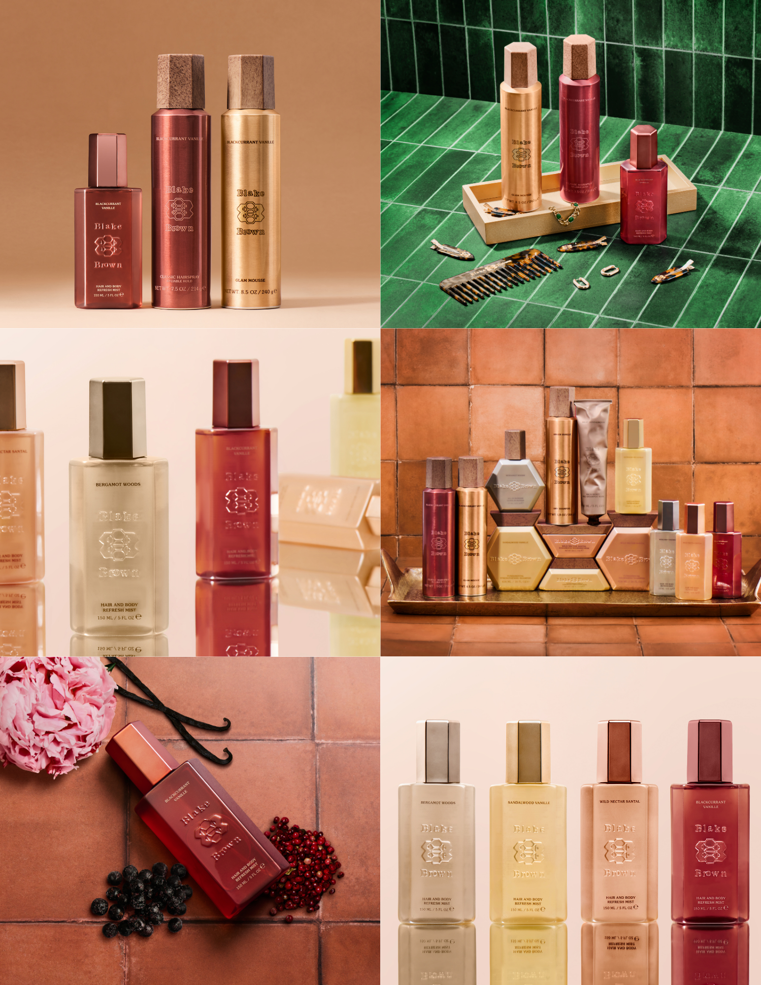 Collage of images featuring various perfume bottles with different colors and backgrounds, some styled with flowers, berries, and jewelry for aesthetic presentation.