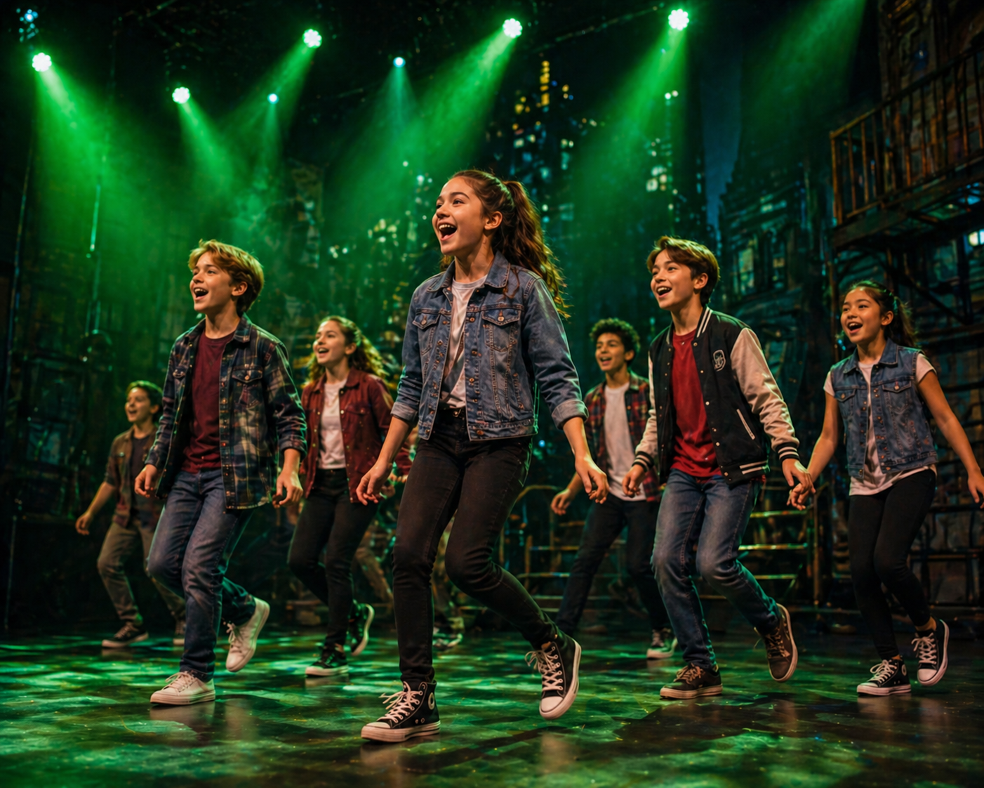 Group of pre-teens singing, dancing and acting onstage in nyc