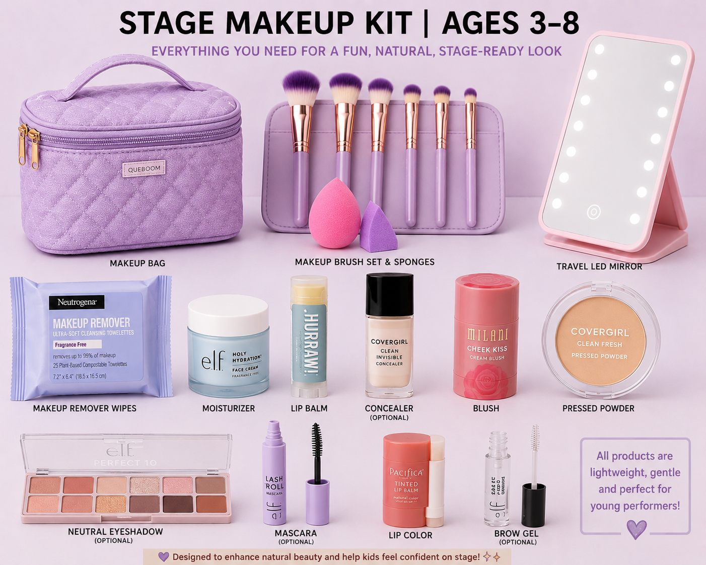 Children’s stage makeup kit for ages 3–8 featuring gentle beginner-friendly theater makeup products, makeup brushes, makeup remover wipes, portable mirror, and travel makeup bag recommended by Broadway Rise.