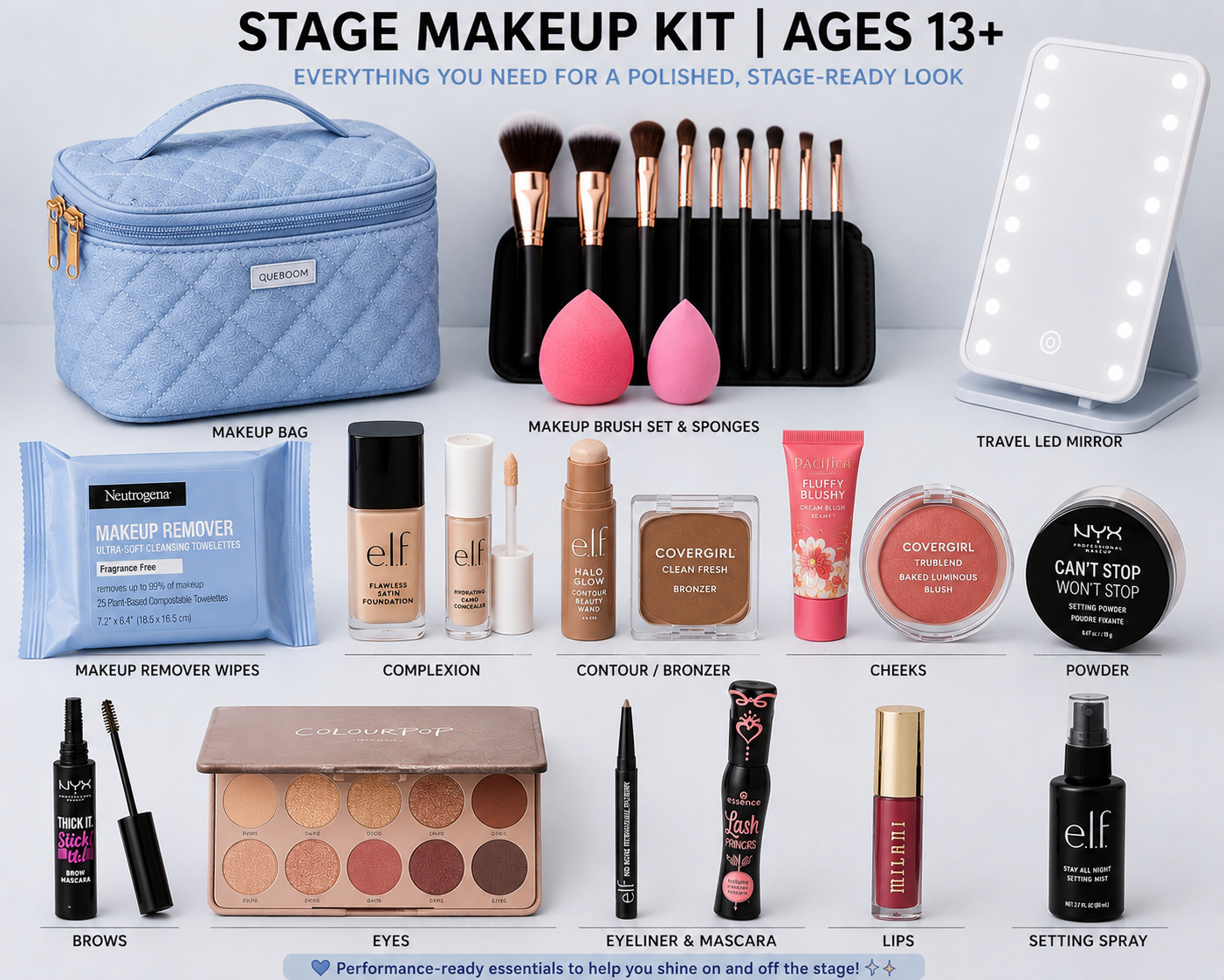 Stage makeup kit for teen theater performers ages 13+ featuring Broadway Rise recommended products including foundation, contour, blush, eyeshadow, brushes, makeup remover wipes, travel makeup bag, and portable mirror.