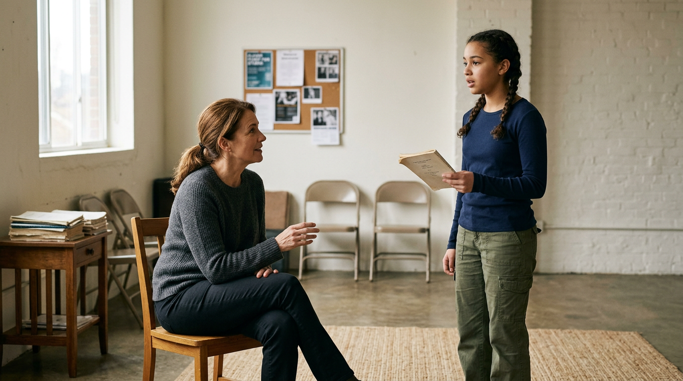 Girl being coached on audition monologue by seated female teacher