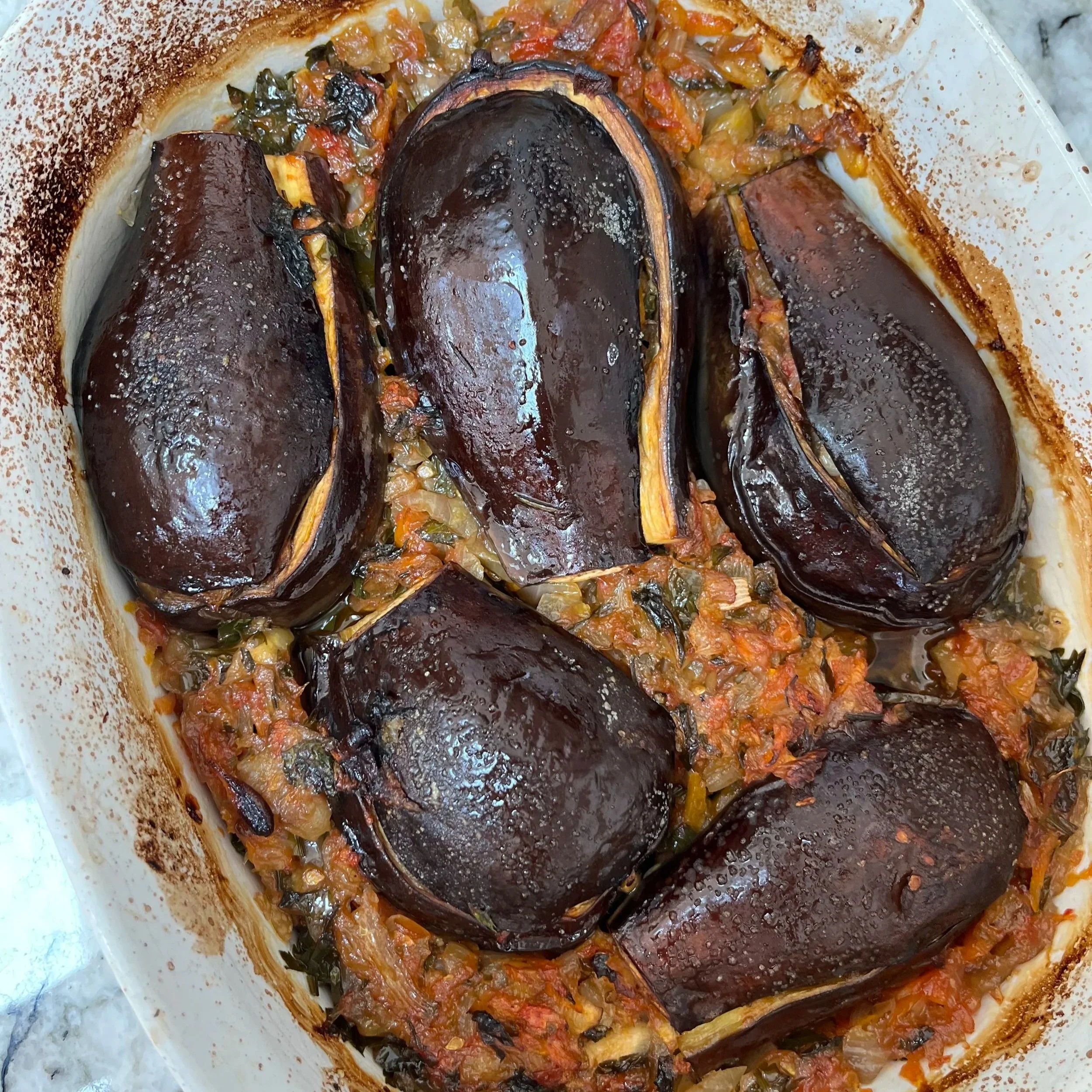 Vegan Mediterranean stuffed eggplant (Imam Baylda)