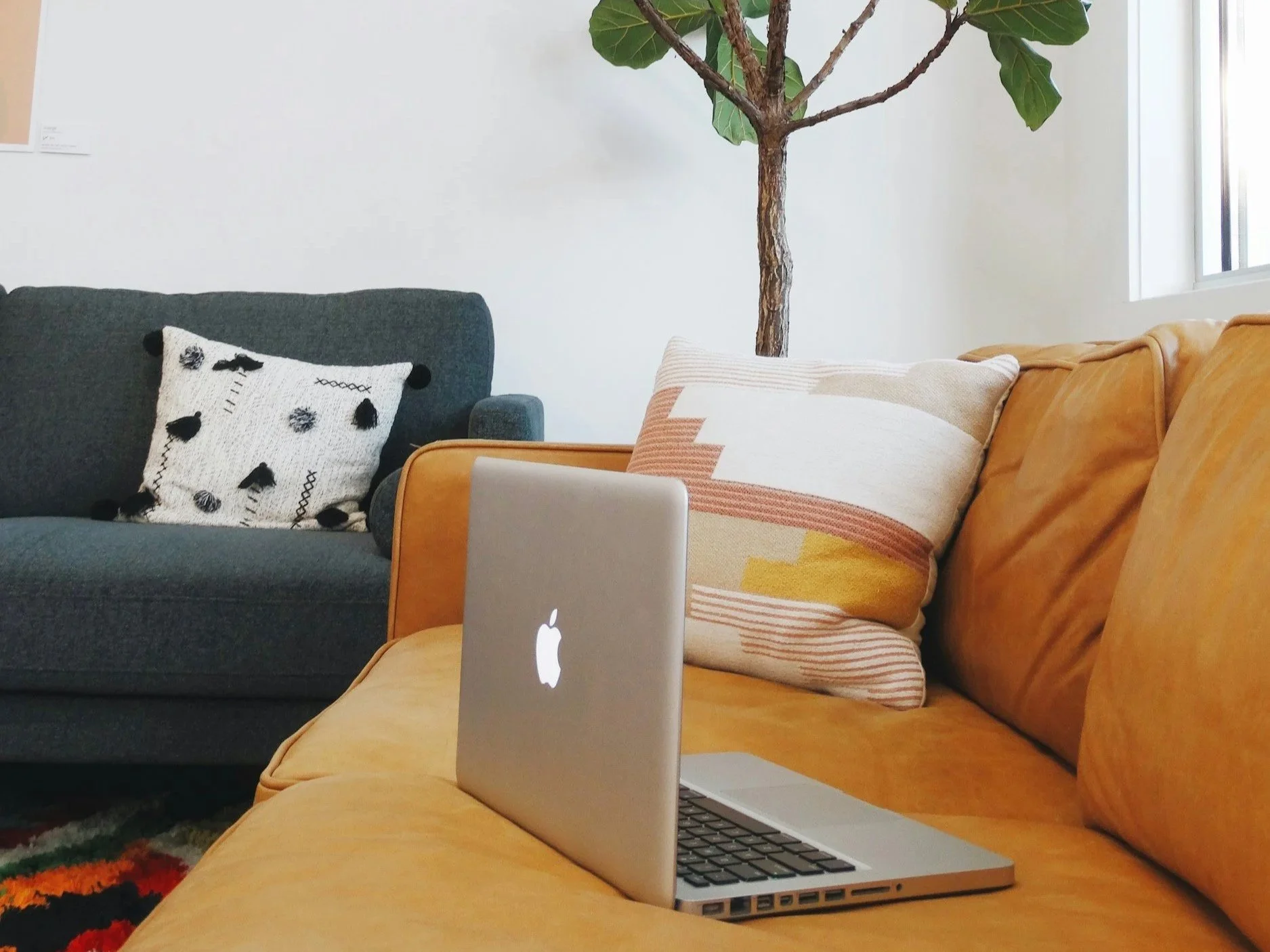 A park scene with wide stone steps leading up to a pathway lined with trees in fall colors, and a woman in a red jacket walking down the steps.
