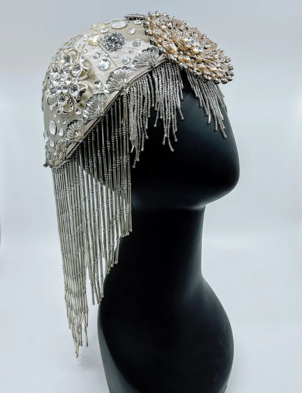Silver flapper head cap with bead fringe and crystals  display picture 1