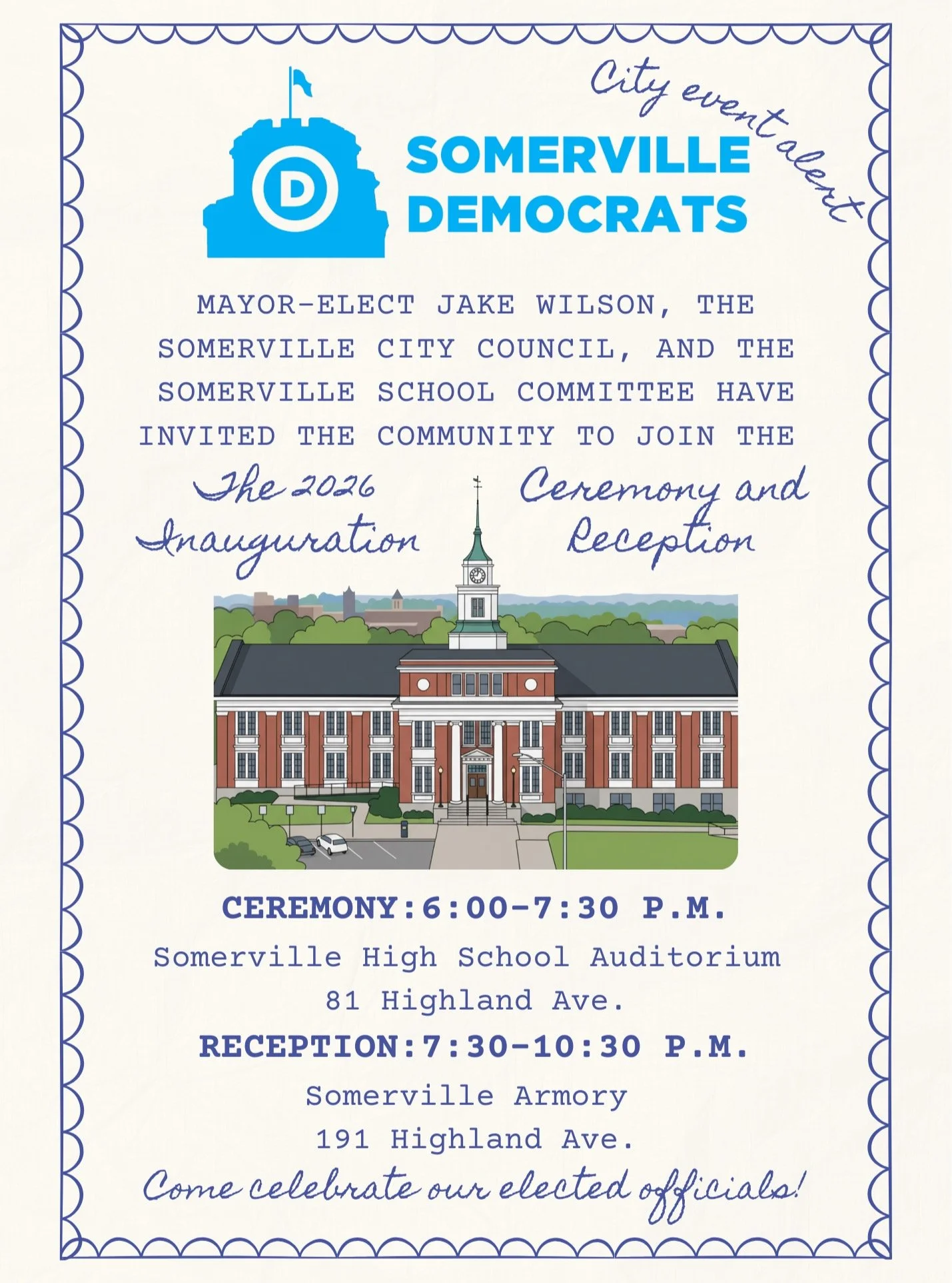 Come hear from @mayorjakewilson, and see our City Councilors and School Committee members at the City of Somerville's inauguration ceremonies tonight&mdash;6pm at the High School Auditorium or watch online at YouTube.com/SomervilleGovTV. Learn more a
