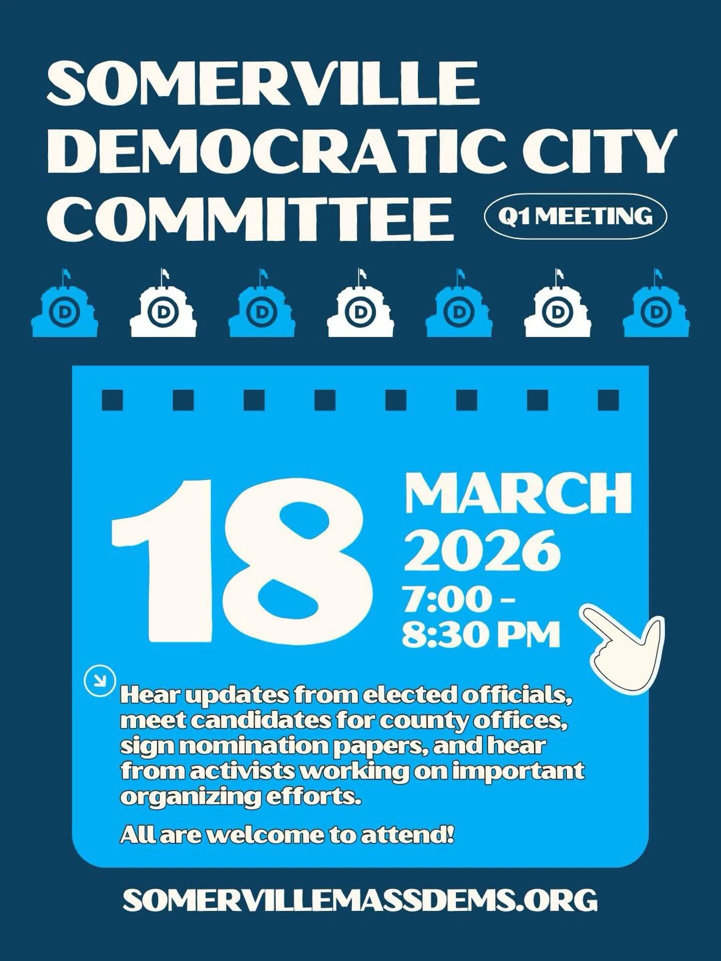 Join us next Wednesday at Somerville High School&rsquo;s Highland Forum (Room 336) for an action-packed meeting with updates from elected officials, hear from contested county candidates for office, and meet other Somerville Dems! SDCC members will a