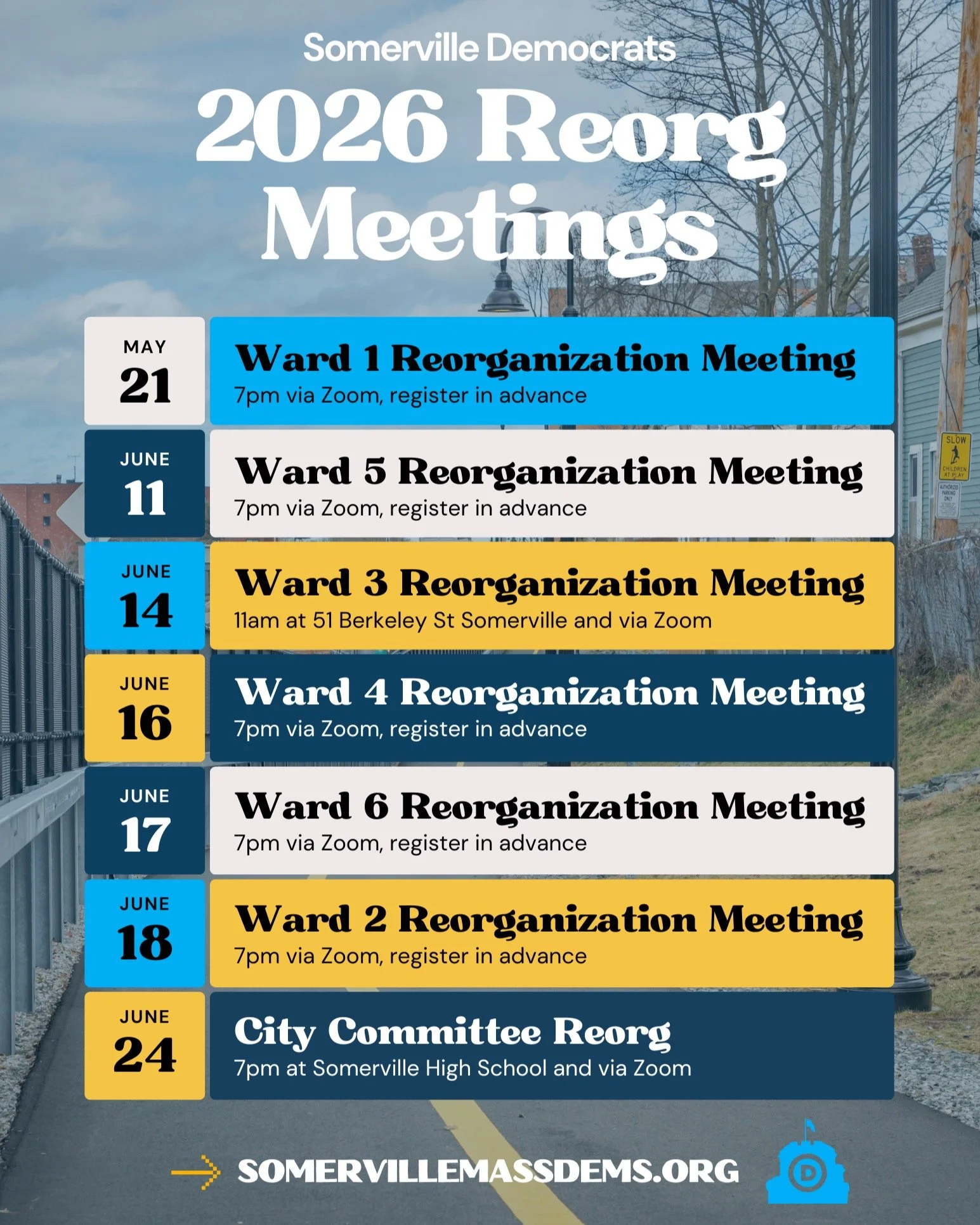 Somerville's Democratic Wards and City Committee will be meeting over the course of the next month to reorganize and elect local party leaders. Join your local Ward's meeting to learn more about getting involved or seek election to your local Democra