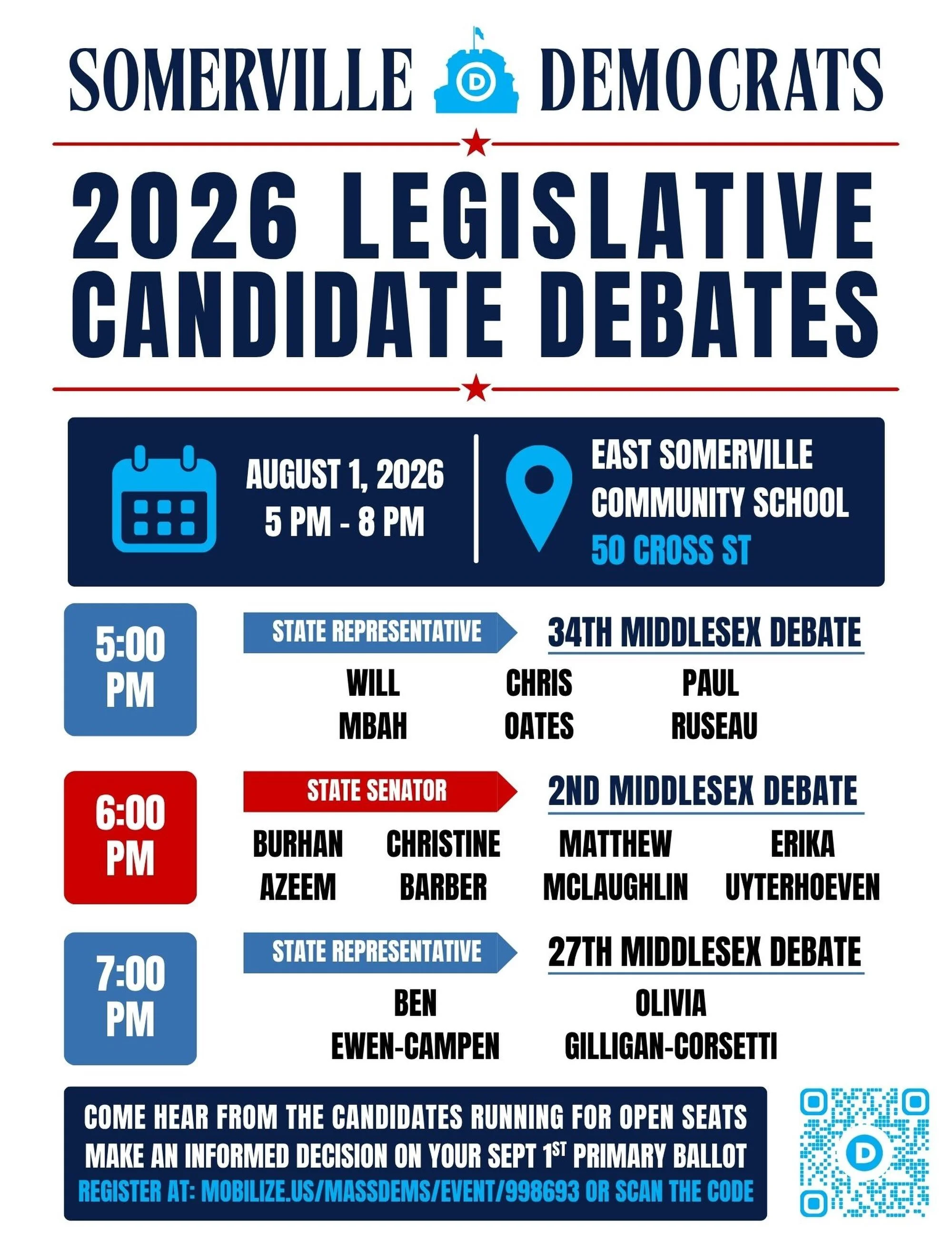 Coming up Saturday: 3 debates for each of the open seat Democratic primaries: the 27th and 34th Middlesex House districts and 2nd Middlesex Senate district. Come hear from the candidates running to be the new legislators representing Somerville, Medf