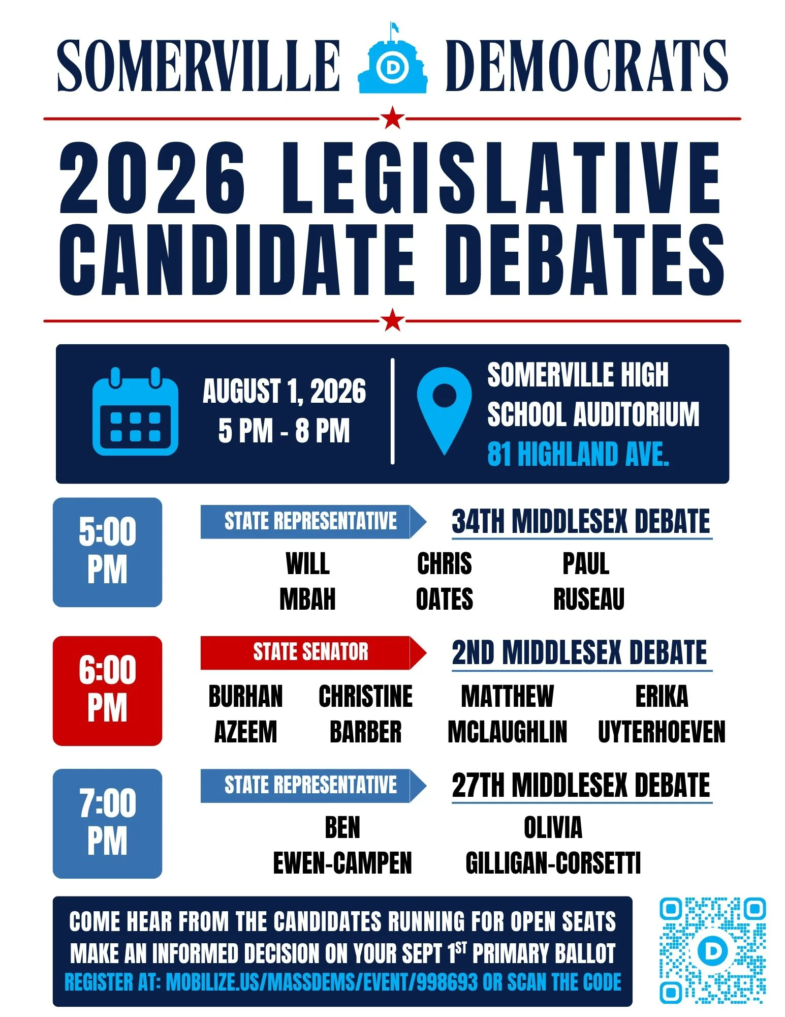 The Somerville Democratic City Committee is hosting 3 debates for each of the open seat Democratic primaries: the 27th and 34th Middlesex House districts and 2nd Middlesex Senate district. Come hear from the candidates running to be the new legislato