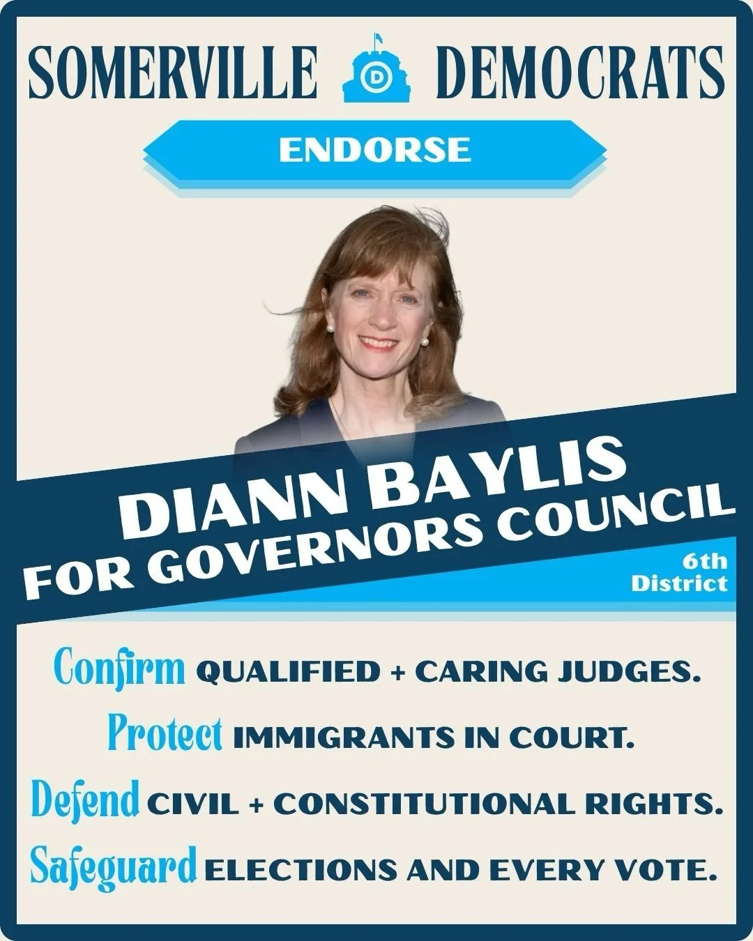 Diann Baylis earned the strong support of the Democratic City Committee members in her bid for our party&rsquo;s nomination for Governor&rsquo;s Council! In her professional work Baylis represents children in the immigration process.  While most immi
