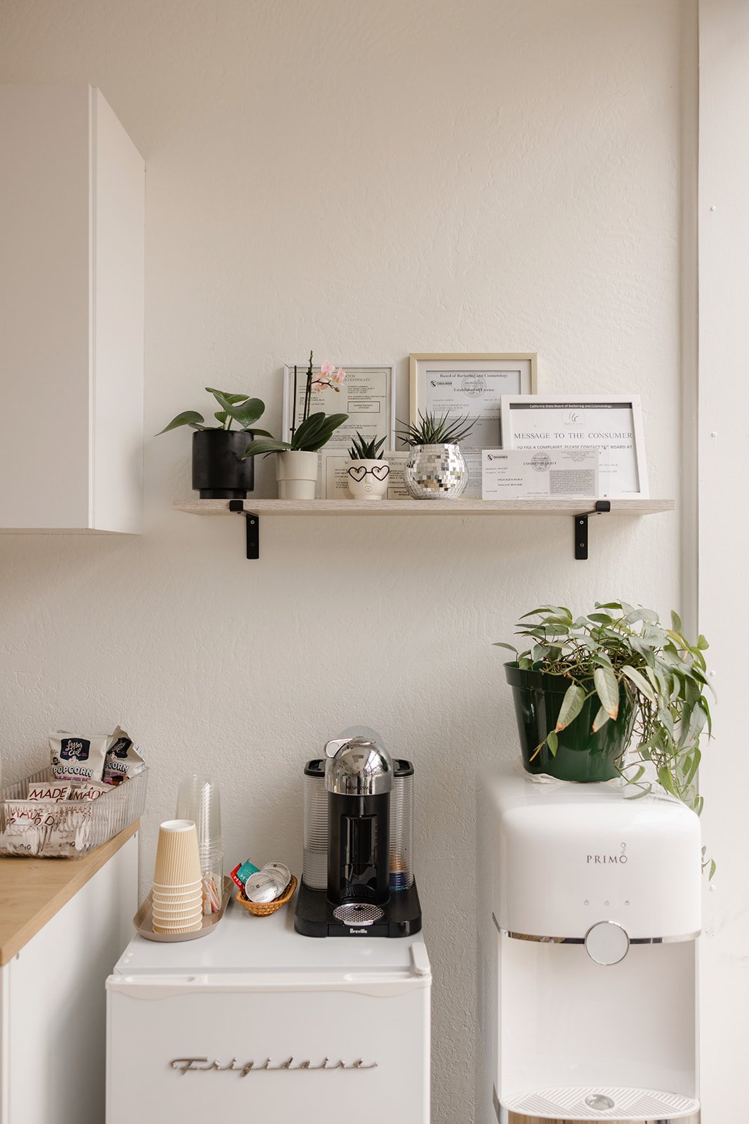 A small kitchen or break area with a wooden shelf holding framed certificates and potted plants, a coffee station with disposable cups and a coffee maker, and a white mini fridge beneath the shelf.