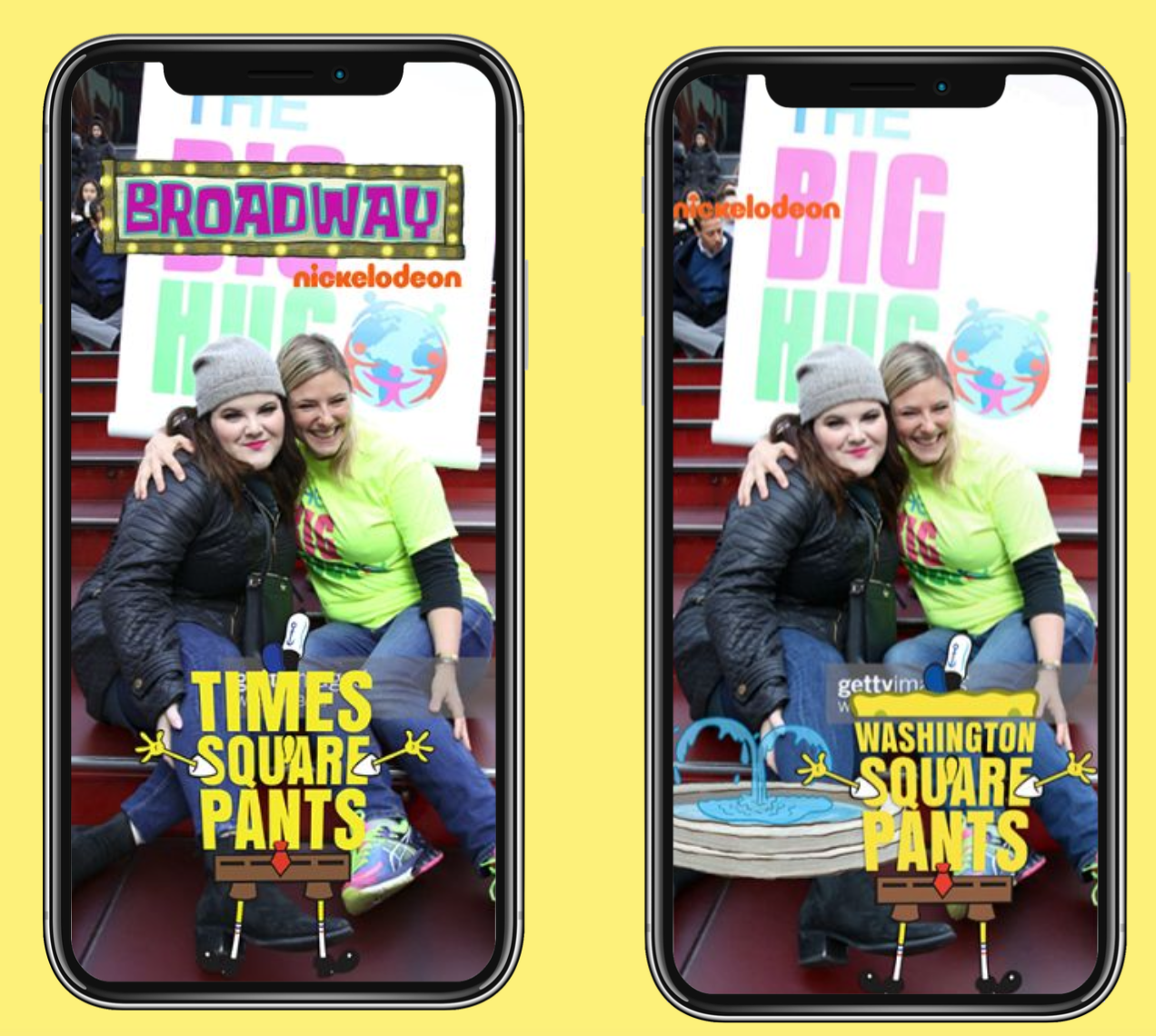 Two women sitting on red stairs at a Times Square event, smiling and posing for the camera, with a backdrop that reads 'The Big Hub' and includes a colorful logo. One woman wears a gray beanie and black jacket, the other a neon yellow shirt. There are animated text overlays, one with 'Broadway' and the other with 'Washington Square Pants,' with cartoon-style water and small figures.