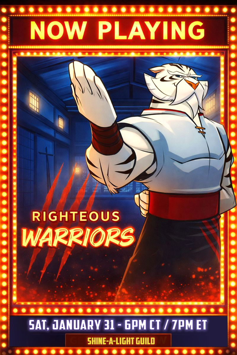 Poster for a gaming event titled "Now Playing" with an animated tiger dressed in boxing attire, in a gym setting, promoting a game called "Righteous Warriors" scheduled for Saturday, January 31 at 6 PM CT / 7 PM ET, organized by Shine-A-Light Guild.