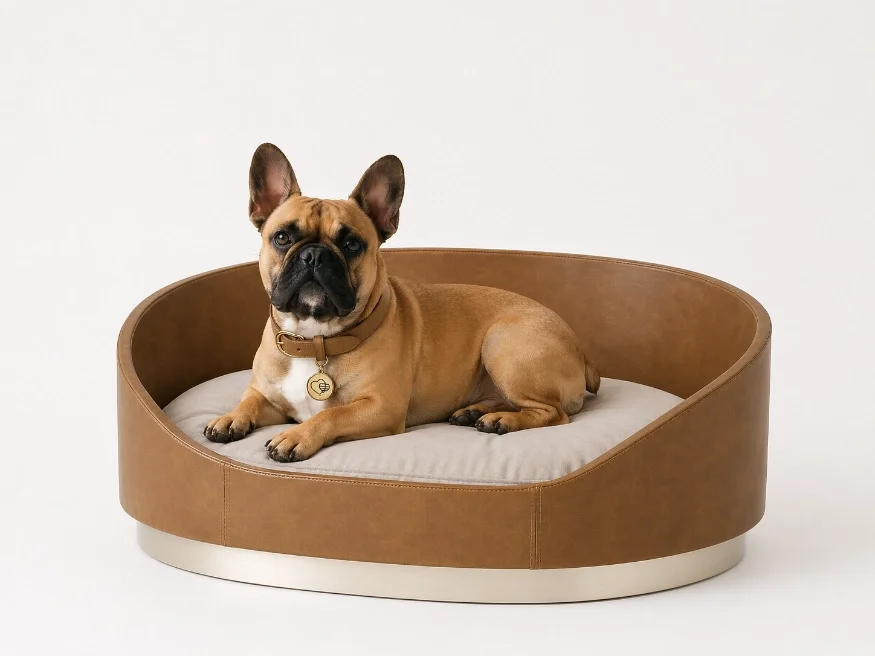 French bulldog sitting on leather frame Liebling luxury dog bed