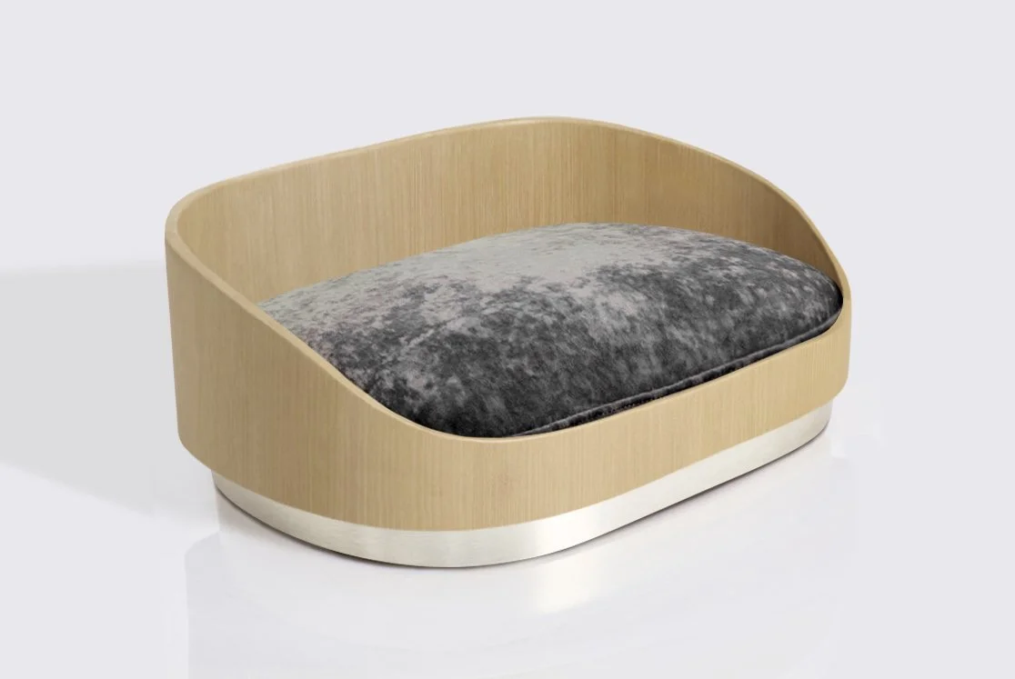 Large dog bed - Warm Maple Wood frame, Brushed Nickel Base, Charcoal Cushion