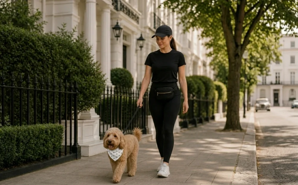 Pet sitter walking dog wearing a Liebling bandanna