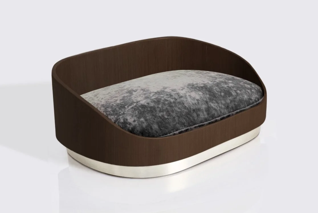 Large dog bed - Walnut frame,  Brushed Nickel Base, Charcoal Cushion
