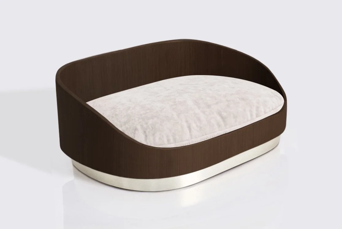 Large dog bed - Walnut frame, Brushed Nickel Base, Ivory Cushion