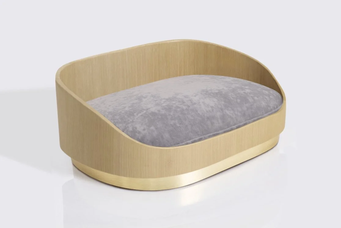 Large dog bed - Warm Maple Wood frame, Brushed Gold Base, Slate Grey Cushion