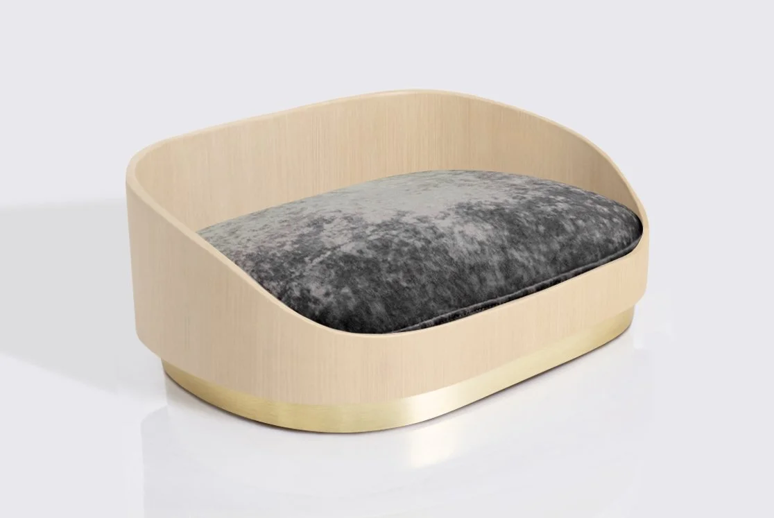 Large dog bed - Light Oak frame, Brushed Gold Base, Charcoal Cushion