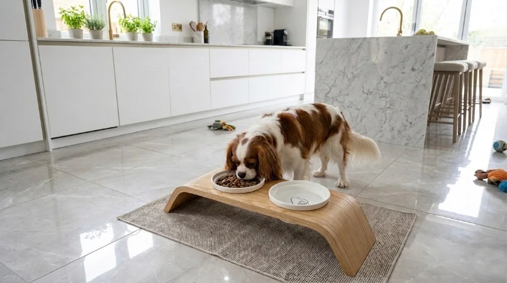 Pet in kitchen eating from Liebling Raised Dog Feeder
