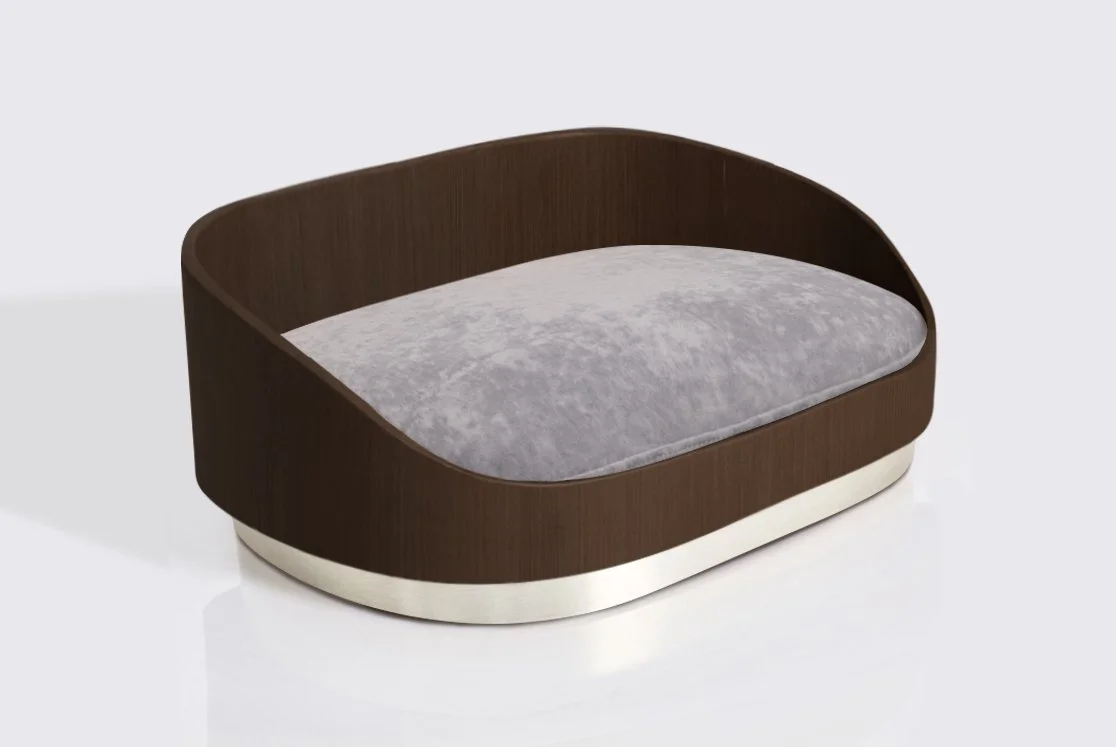 Large dog bed - Walnut frame, Brushed Nickel Base, Slate Grey Cushion