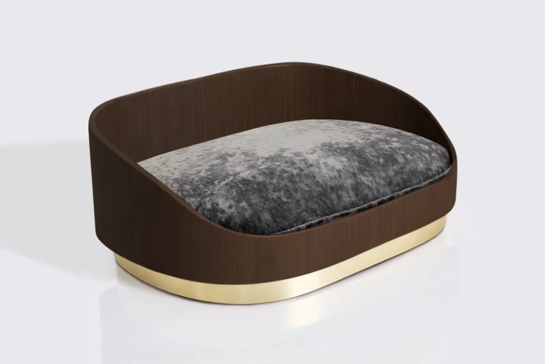 Large dog bed - Walnut frame, Brushed Gold Base, Charcoal Cushion